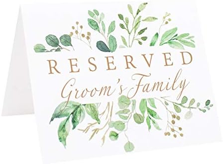 שמורות חתונה שולחן סימן | סט של 6 צבעי מים לבן וזהב עם אקליפטוס ירק סימנים כולל ישיבה עבור הכלה של משפחת